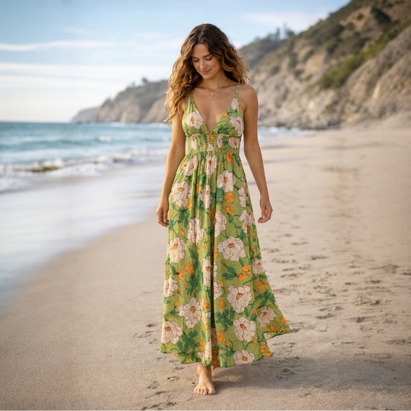 Anthropologie Dresses & Skirts - Anthropologie Timing Green Floral Maxi Dress NWT Large Boho Cottagecore Beach